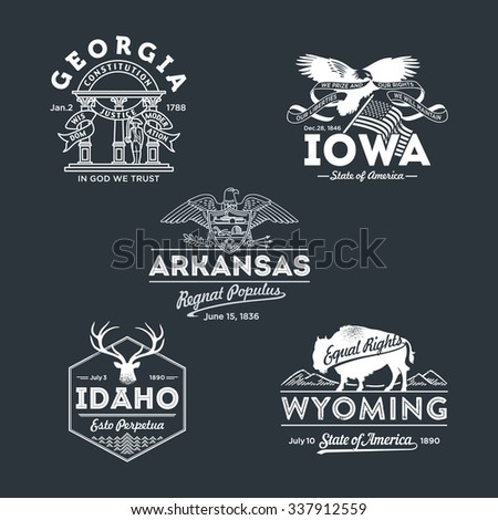 Stylized emblems of the states Georgia, Idaho, Iowa, Arkansas, Wyoming black