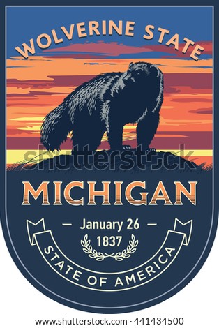 Michigan state emblem, Wolverine, sunset on a blue background