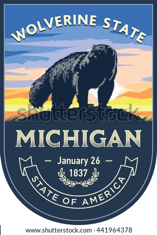 Michigan state emblem, Wolverine, sunrise on a blue background