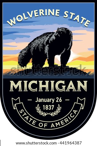 Michigan state emblem, Wolverine, sunset on a dark background