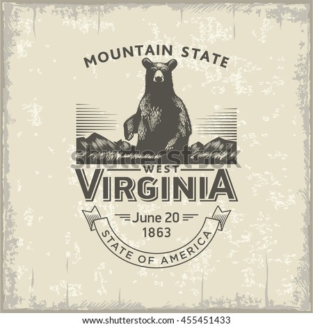 West Virginia Mountain State, stylized emblem of the state of America, bear, black, vintage