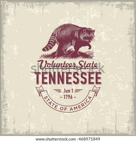 Tennessee, Volunteer State, stylized emblem of the state of America, raccoon, vintage