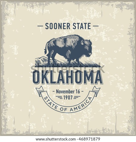 Oklahoma, Sooner State, stylized emblem of the state of America, Buffalo, bison, vintage