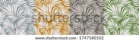 Palm leaves. Tropical seamless background pattern. Graphic design with amazing palm trees suitable for fabrics, packaging, covers. Set of vector posters.