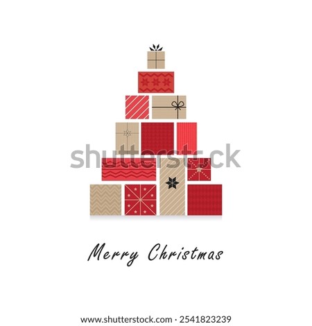 Colorful presents in Christmas tree shape in flat design on green background. Stack of gift boxes forming a Christmas tree.