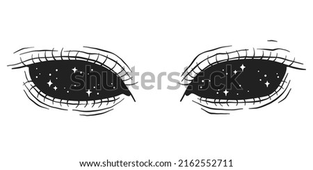 Female eyes with space inside. Spiritual mystical art. Vector conceptual abstract illustration of eyeballs with dark sky and stars. Modern design, tattoo sketch or trendy print