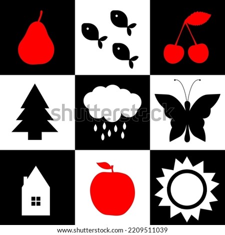 Infant black and white visual stimulation cards with high contrast and red elements.