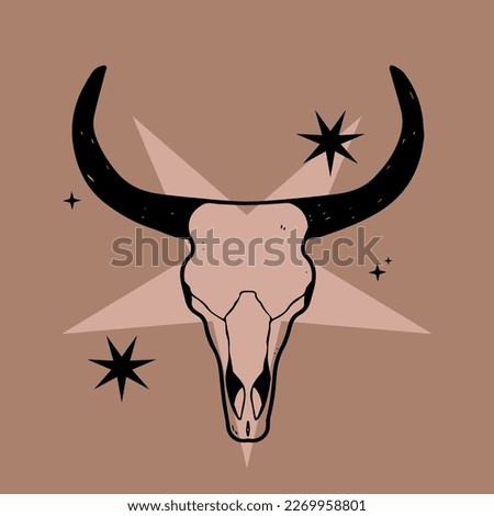 Boho bull skull, stars, Digital sticker, wild west cartoon doodles, tribal bohemian vintage retro style decor. Unique vector design. Mexico dangerous desert concept, country music