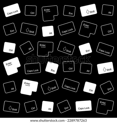 Computer keyboard keys on a black background. Wallpaper with scattered black and white computer keys. Black and white pattern with parts of a computer keyboard. Vector drawing, illustration

