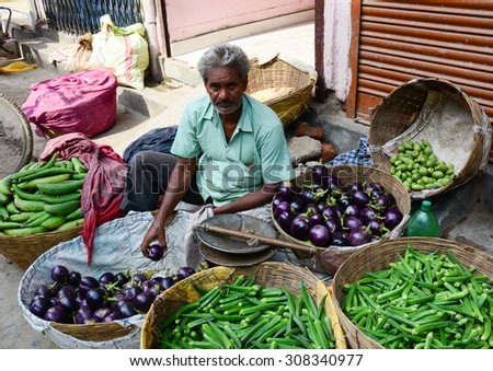 DELHI, INDIA - AUG 5, 2015. Unidentified man sell fruits from a stall in Delhi, India. Street vendors are widly spread through out the city.