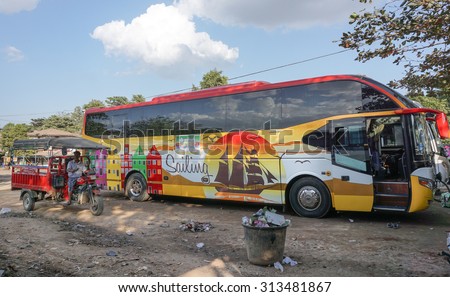 Yangon, Myanmar - Aug 22, 2015. Vehicles parking at the bus station in Yangon, Myanmar. Buses in Myanmar are usually faster and cheaper than trains.