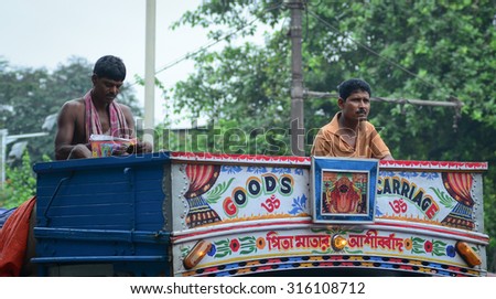 Delhi, India - Sep 3, 2015. Indian people on the local bus in Delhi. Buses take up over 90% of public transport in Indian cities, serve as a cheap and convenient mode of transport.