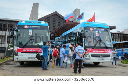HO CHI MINH CITY, VIETNAM - MAY 14, 2015. Group of buses wait to new trip at Mien Dong bus station. This depot has many public passengers at Saigon, Vietnam.