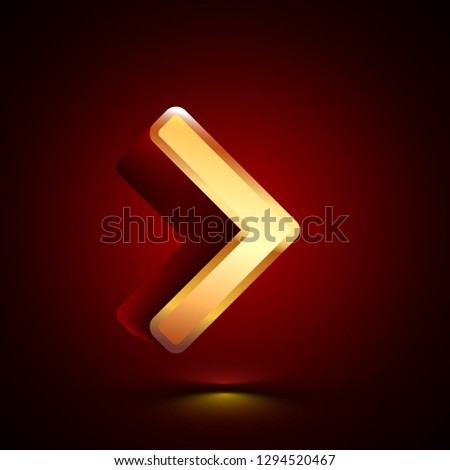 3D stylized Greater Than icon. Glossy golden vector icon. Isolated volumetric symbol illustration on dark background with shadow.