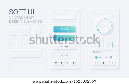 Soft UI design kit. Trendy user interface design elements. Modern application mockup. Neumorphism. 10 EPS vector illustration.