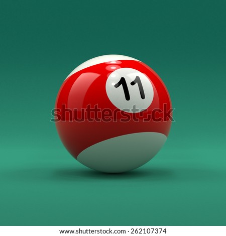 Billiard ball number 11 striped white and red color on green table background