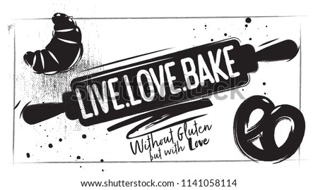 Charcoal bakery poster. Kitchen accessories for baking - rolling pin with lettering
