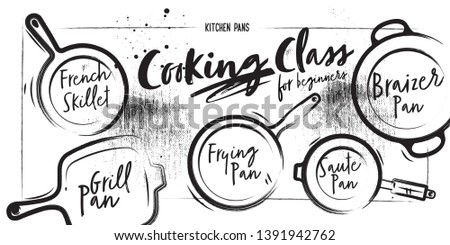 Different types of pans. Chalk and coal style. Line style elements