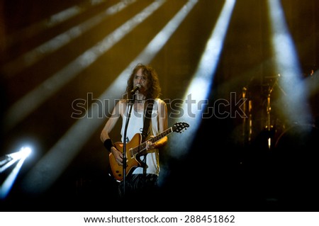 HUELVA, SPAIN - JUNE 7, 2014: Roberto Iniesta, leader of the spanish rock band Extremoduro performs in Huelva on June 7, 2014.