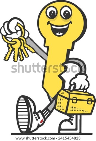 Key character mascot holding tool box logo for lock repairman, locksmith, lock opener and lock repair expert mascot vector