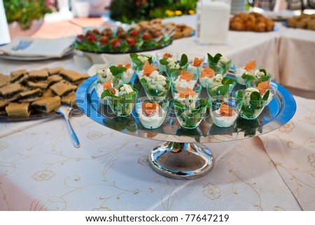 Cheese and salmon appetizer, wedding or business buffet