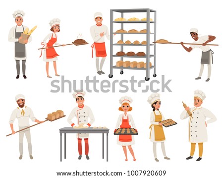Bakers characters set with bread and cooking tools. Happy people in aprons and hats, young men and women in uniform working in bakery. Vector isolated on white.