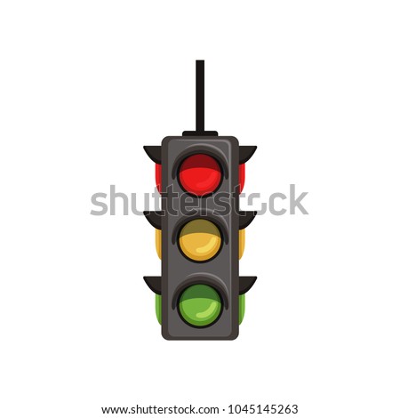 Semaphore with vertical arrangement of signals. Flat vector traffic light with red, yellow and green lamps. Signaling device positioned at road intersections