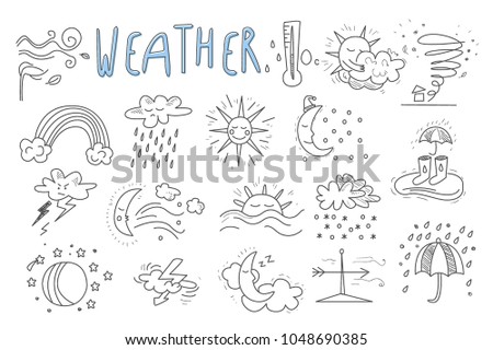 Vector set of hand drawn icons for mobile weather forecast application. Wind, snow, rainbow, rain, thunderstorm, downpour, hurricane, sun, crescent, clouds. Meteorologic theme