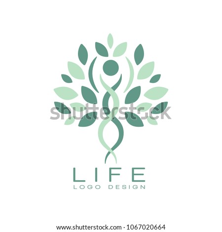 Abstract life logo design with green leaves and human silhouette. Healthy lifestyle theme. Flat vector emblem for medical care or wellness center