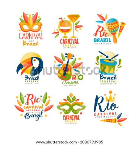 Brazil, Rio Carnival logo design set, bright fest.ive party banner with masquerade masks, maracas, toucan, musical instruments vector Illustration on a white background