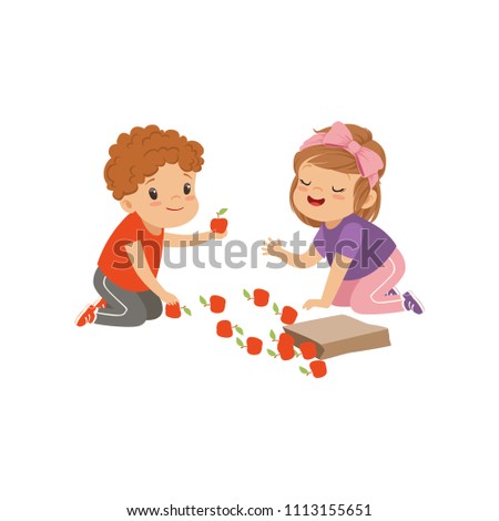 Cute boy and girl sitting on the floor and playing with apples, kids sharing fruit vector Illustration on a white background