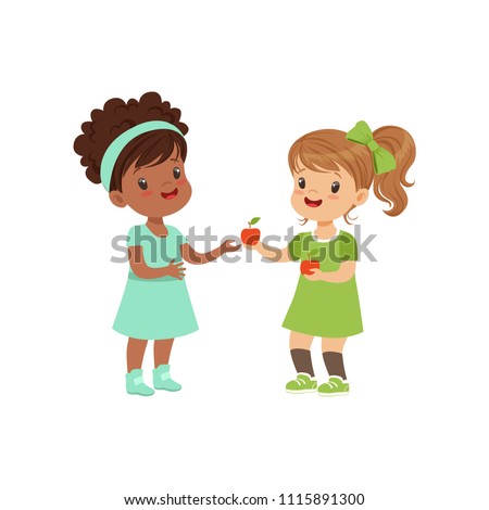 Sweet girl giving an apple to another girl, kids sharing fruit vector Illustration on a white background