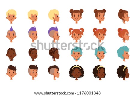 Set of vector boys head faces with different hairstyles. Punk mohawk, dreadlocks, classical and trendy hipster haircut. Front and side view