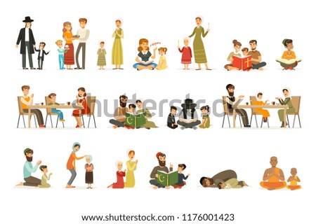 Vector flat people characters of different religions set. Jews, Catholics, Muslims, Buddhists. Families in national costumes that pray, read holy books, celebrate holidays.