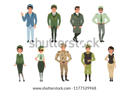 Military uniforms set, Military army officer, commander, soldier, , pilot, trooper, navy captain vector Illustrations on a white background