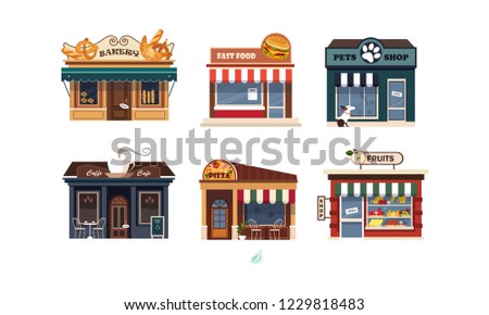 Facades of various shops set, bakery, fast food, pets shop, pizza, fruits vector Illustration on a white background