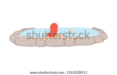 Girl enjoying outdoor thermal spring, young redhead woman relaxing in hot water in bath tub, back view vector Illustration on a white background