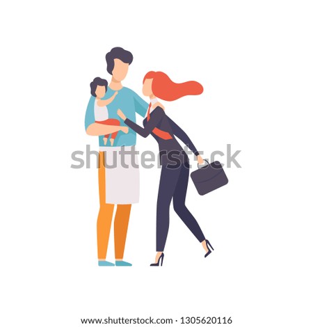 Dad Holding Baby Meeting Mother After Work, Househusband and Business Woman, Equality, Freedom, Civil Rights, Independence Vector Illustration