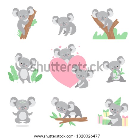 Collection of Cute Coala Bear Animals Cartoon Characters in Different Situations Vector Illustration