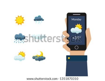 Human Hand Holding Smartphone with Weather Forecast Application, Sun, Clouds, Thunderstorm, Night and Day Design Elements Vector Illustration