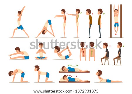 Teen boy doing exercises set, correct and wrong spine posture, rehabilitation exercise for back pain and improving posture vector Illustrations on a white background