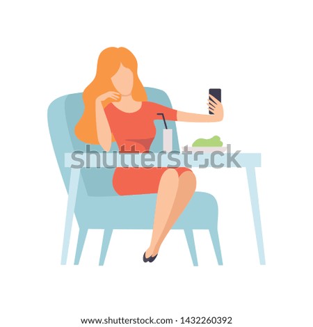 Girl Taking Selfie Photo on Smartphone While Sitting in Cafe or Restaurant, Young Woman Making Photo or Video for Social Media Using Modern Gadget Vector Illustration