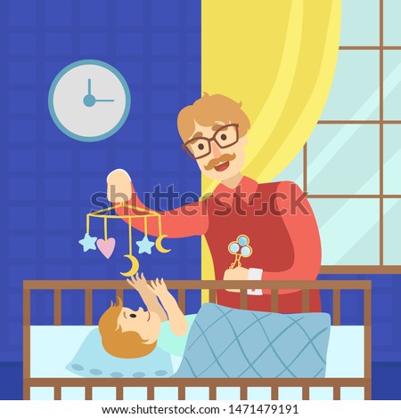 Cheerful Father Entertaining Baby in Cot with Bed Carousel Happy Family Vector Illustration