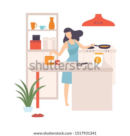 Woman is cooking in a pan. Vector illustration.