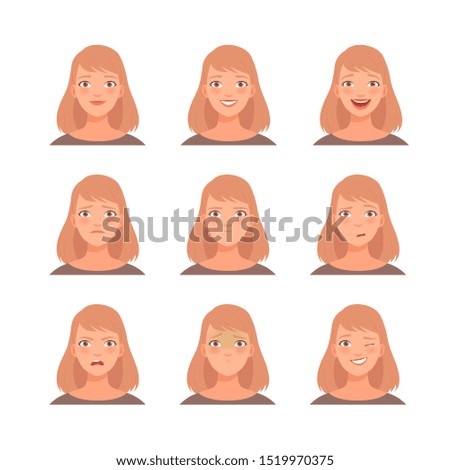 Set expressions female face. Vector illustration in cartoon style.