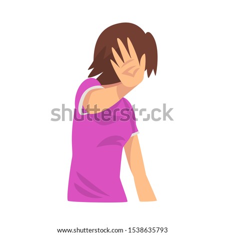 Girl covers her face with her hand, hides cartoon vector illustration