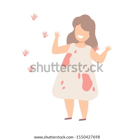 Baby Girl With Fingerprints On The Painted Wall Flat Vector Illustration