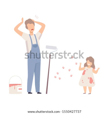 Man Painter And Baby Girl With Fingerprints On The Painted Wall Flat Vector Illustration