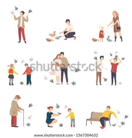 People Characters Walking and Feeding Pigeons on Town Squares Vector Illustrations Set