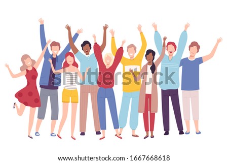 Group of People Standing Together with Raising Hands, Happy Young Men and Women Having Fun or Celebrating Success Flat Vector Illustration